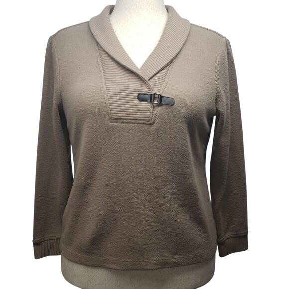 Studio Works Petite XL Tan Pullover Sweater – Collared V-Neck Faux Buckle Detail - Picture 1 of 8